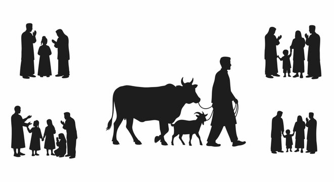 Eid ul Adha eid Family silhouettes, people icons, cow and calf vector graphics, family groups isolated on White Background vector