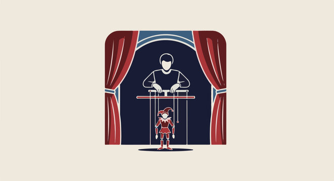 Puppeteer controls a jester puppet on stage behind red curtains