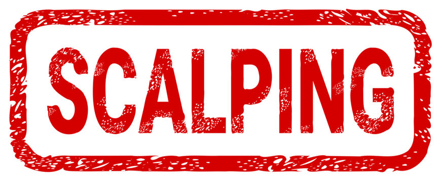 A red weathered stamp representing scalping practices in finance, trading, or ticket reselling, conveying a sense of urgency and warning. (cut out)