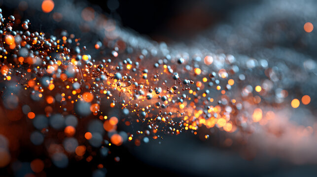 Abstract Flowing Particle Wave with Glowing Amber and Metallic Spheres