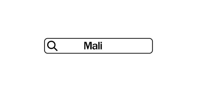 A minimalist representation of a search bar with the word Mali typed within it on a white background symbolizing online search and information retrieval