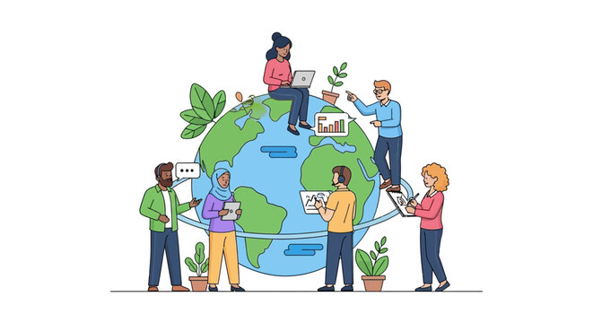 Diverse people holding a globe together.