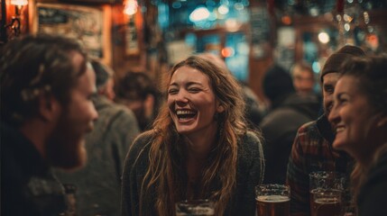 Fototapeta premium Young woman laughing with friends in crowded bar at night
