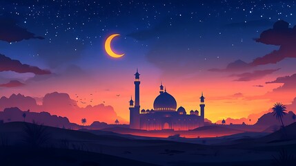 Obraz premium Mosque silhouette at sunset with crescent moon