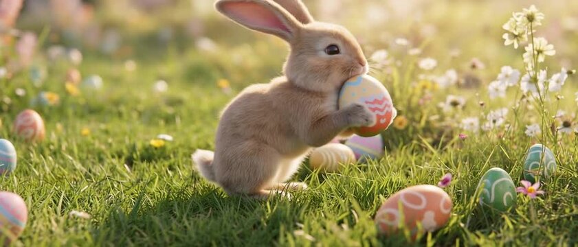 Happy easter bunny in blue sky, Easter Bunny jumps in fresh green grass and painted Easter eggs with the text Happy Easter. Fluffy white clouds and sunlight shining