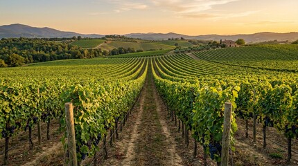 Obraz premium Idyllic Tuscan vineyard stretching towards rolling hills at sunset, bathed in warm golden light