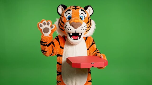Tiger mascot holding a red pizza box on green background