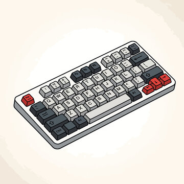A cartoon-style illustration of a keyboard with various key colors and a neutral background. The keyboard is slightly angled