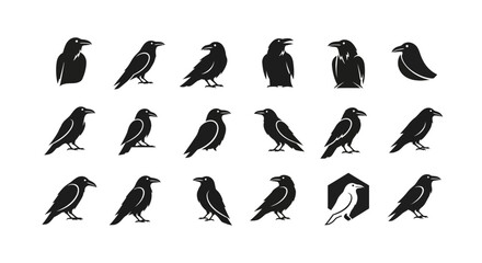 Naklejka premium Collection of Silhouette Raven and Crow Icons.