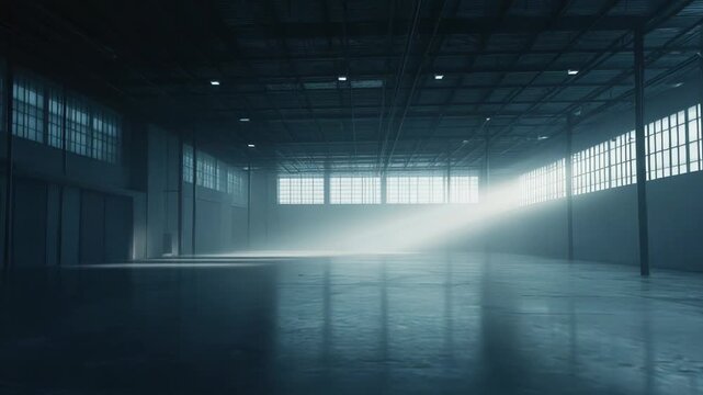 Empty industrial warehouse interior with high ceilings and concrete floors, dramatic sunbeams piercing misty air through large windows for a moody, minimalist atmosphere