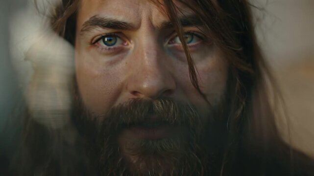 Close-up portrait of a rugged man with long hair and beard looking intensely
