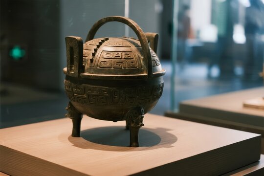 Ancient bronze ritual vessel with intricate geometric patterns displayed in a museum setting