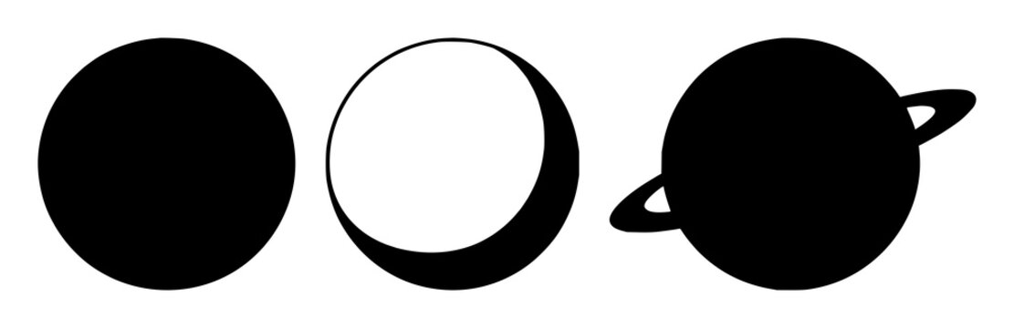Planet icon set with solid black silhouette on white background featuring celestial object, space, astronomy with vector and minimalism