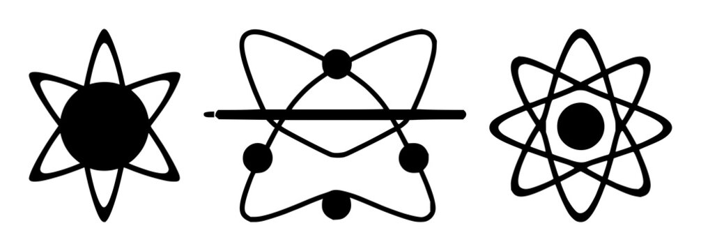 Quantum computing qubit atom set with solid black icon on white background featuring qubit, atom, quantum mechanics with iconography and vector graphics