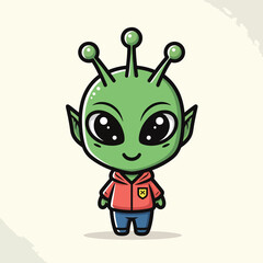 Obraz premium A cute, cartoon-style alien character with large eyes, wearing a red hoodie and blue pants. The alien has antennae and a cheerful expression