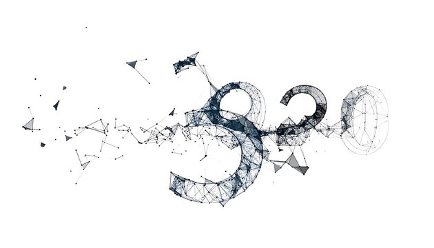 A digital visualization of interconnected points forming the numbers 320, with a flowing, abstract aesthetic