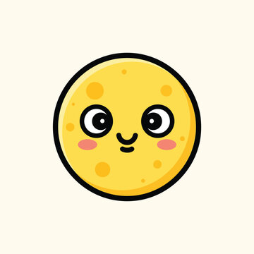 A cartoon-style illustration of a round yellow object with two big black eyes, a curved nose, blushing cheeks, and small dimples