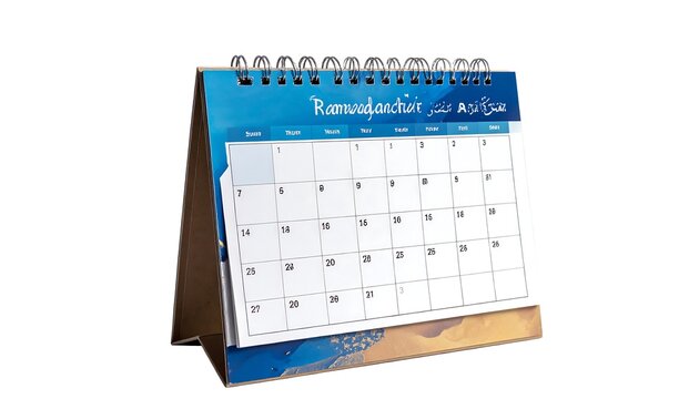 A desktop calendar showcasing a monthly view with a blue and gold design, resting on a stand with wire binding