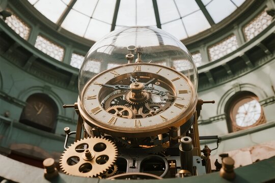 Large ornate mechanical clock with visible gears under glass dome inside a domed building with arched windows