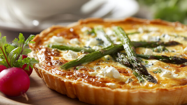 A freshly baked asparagus quiche displayed on a wooden board
