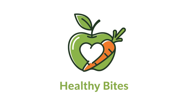 Healthy Bites Logo Featuring Apple Carrot Heart Symbol.