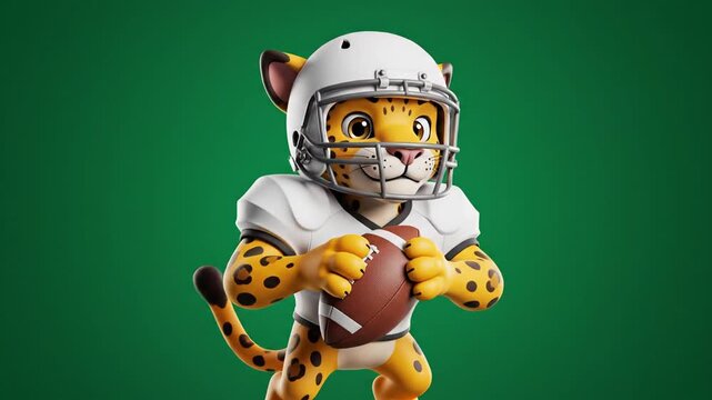 Cheetah Mascot Character in Football Uniform Holding Ball