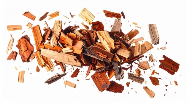 Pile of wood chips and bark pieces isolated on white background natural texture