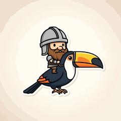 Naklejka premium A cartoon-style illustration of a miniature warrior riding a giant toucan against a light brown watercolor-like textured background