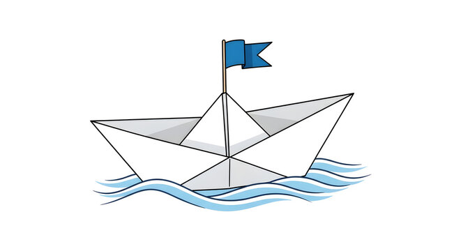 White Paper Boat with Blue Flag Floating on Stylized Blue Waves, Concept of Childhood, Imagination, Adventure, and Journey on White Background