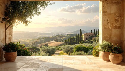 Naklejka premium Sunny Tuscan Landscape With Rolling Hills And Italian Villa In The Distance