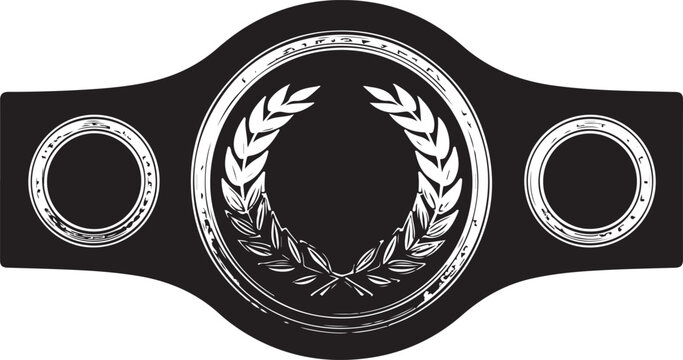 Championship belt buckle, laurel wreath medal, black leather strap, silver hardware