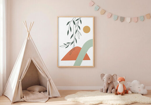 Nursery room frame mockup with toys and tent