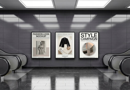 Three vertical billboard posters mockup in subway station