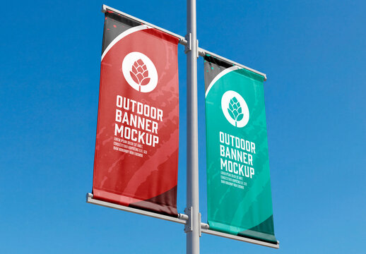 Street pole double banner mockup outdoor perspective