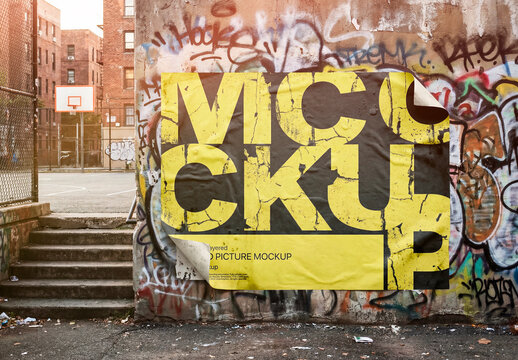 Torn poster mockup on graffiti wall urban background