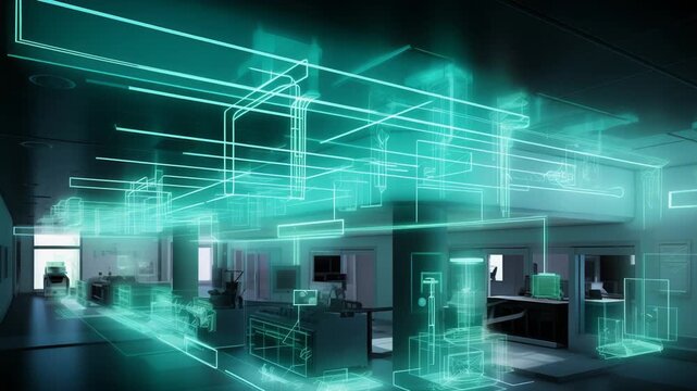 Modern office interior overlaid with glowing wireframe digital blueprints, visualizing futuristic architecture and smart building technology with augmented reality elements