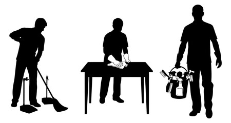 Fototapeta premium Cleaning Service Silhouettes: Sweeping Wiping Table Carrying SuppliesMinimalist Vector Art