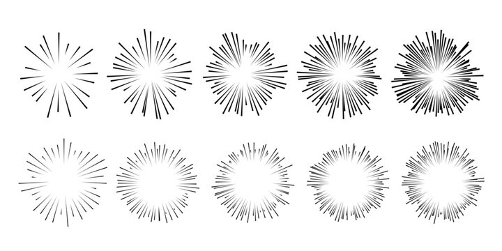 Round sunburst, line radial exploding frame icon set. Set fluffy pom poms. Circles made of black lines from center, manga comic speed effect, explosion or radial bursts. Vector illustration.