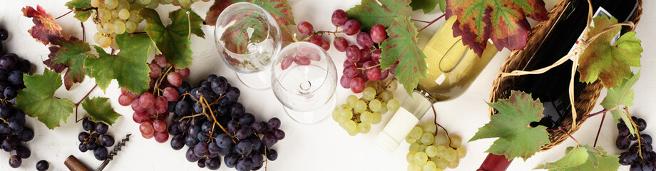 Fototapeta premium Wine and Grapes Border on White Background with Copy Space