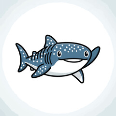 Fototapeta premium A cartoon-style illustration of a smiling shark with white spots, fins, and a black outline, in a white circle