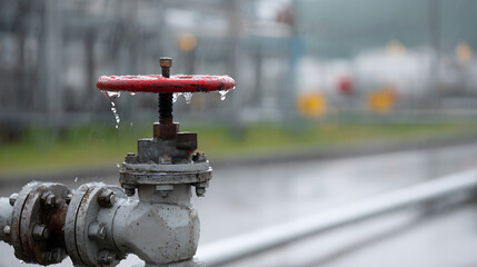 Fototapeta premium Industrial Valve with Red Handle and Dripping Water in a Rainy Outdoor Setting, Focus on Energy Infrastructure and Fluid Control