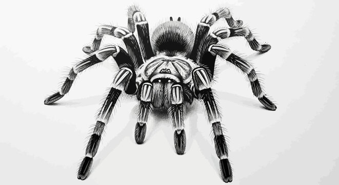 Detailed Black and White Tarantula Illustration with Striking Leg Patterns