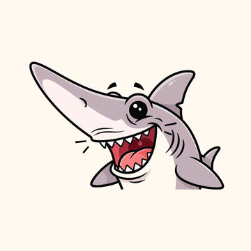 A cartoon-style shark illustration with an open mouth and large eyes against a light background. It is a vector design with basic colors
