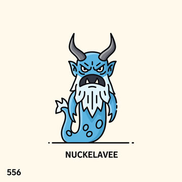 A cartoon-style illustration of a mythical creature with horns, a stern face, a long beard, and a flowing tail