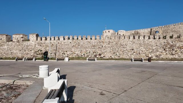 Panoramic View of Bozcaada Island Harbor and Historical Fortress - Coastal Town Landscape of Tenedos on Aegean Sea - Canakkale, Turkey. High quality 4k footage