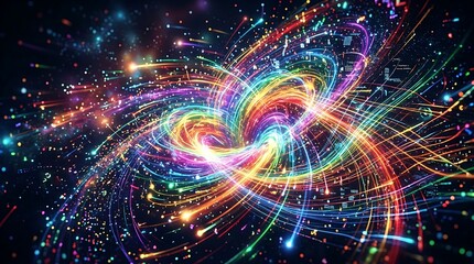 Obraz premium A visualization of pure, raw data energy, depicted as a chaotic yet harmonious storm of glowing particles and light streaks in every color of the rainbow, 4k.