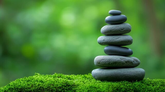 A stack of smooth zen stones balanced on top of each other sits on green moss with soft natural light in a forest