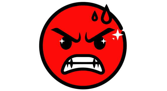 Angry Red Face Icon, Frustrated Expression, Sweat Droplets, Sparkles, White Background