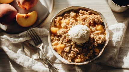 Fototapeta premium Classic Southern Peach Cobbler With Golden Crumble Vanilla Ice Cream Warm Fruit Dessert Contemporary Artisanal Food Photography