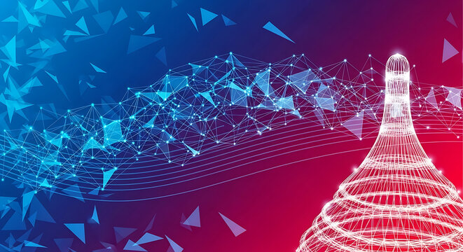 Abstract red and blue digital network particle flow background with geometric shapes, future technology